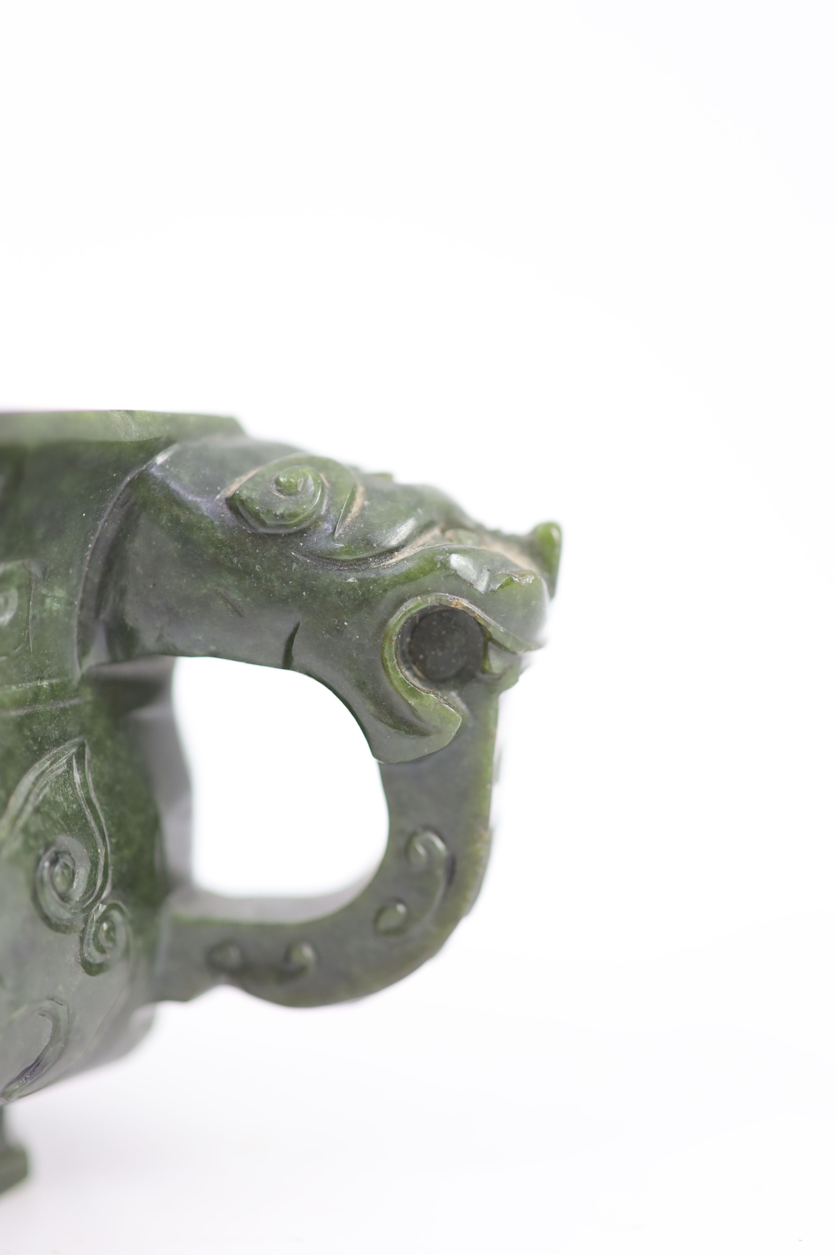 A Chinese archaistic spinach green jade hexagonal censer, 19th century, 17.5cm wide